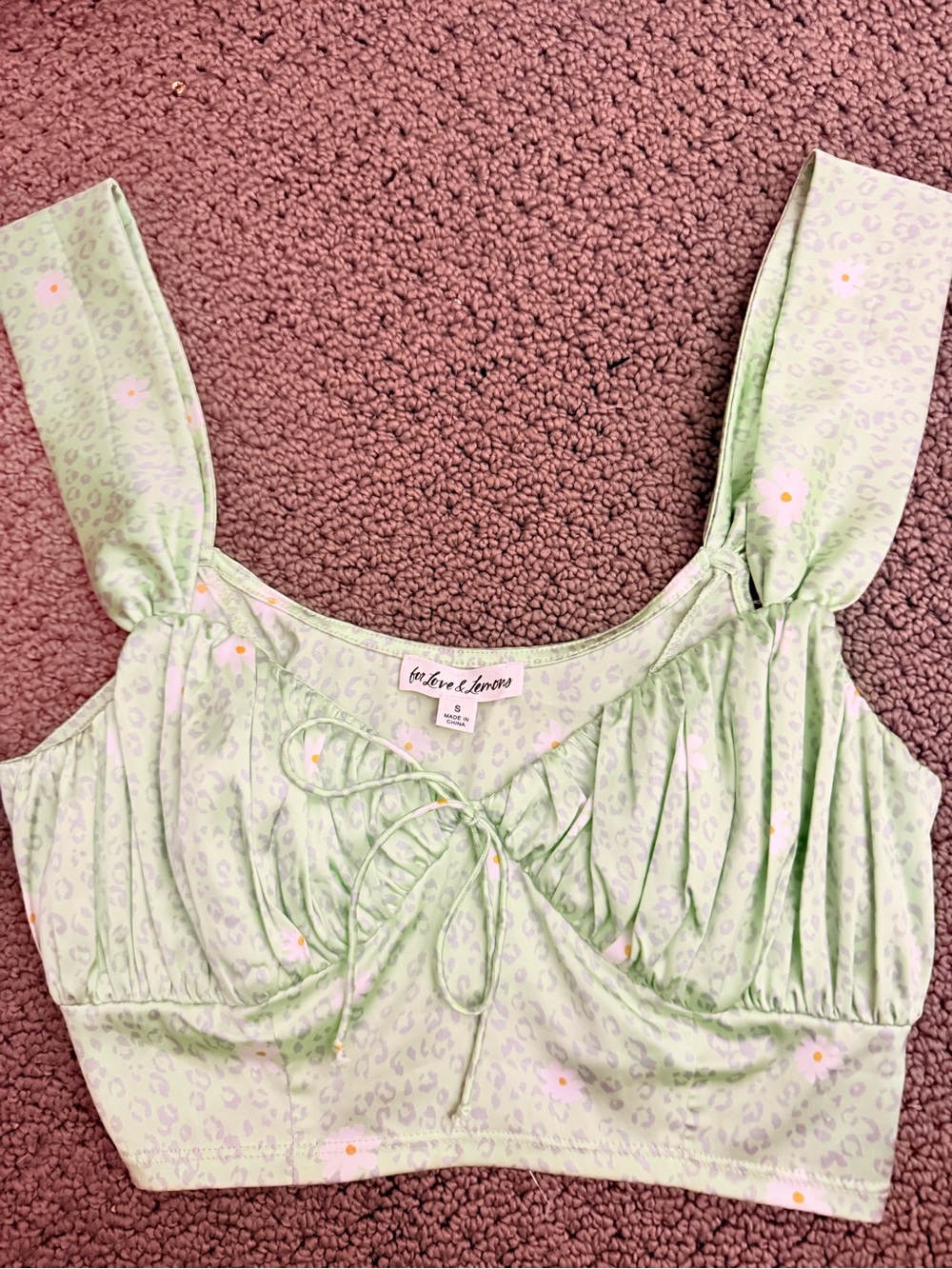 For Love & Lemons Mint Green Floral Tie-Front Crop Top
